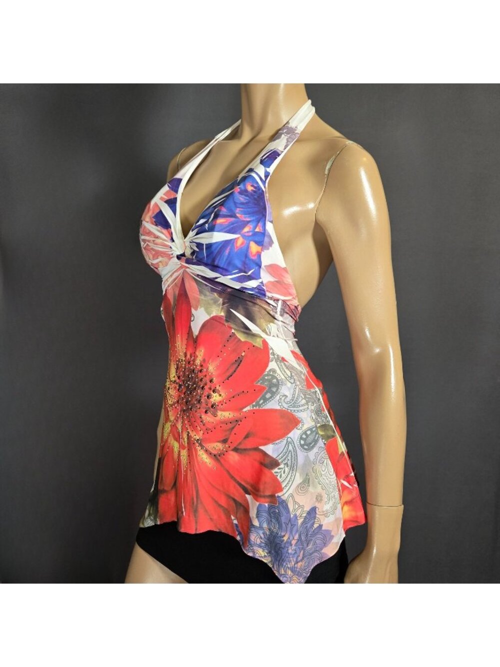 Vintage Y2K Floral Halter Top With Rhinestones Size S Sharkbite hem Fairy Boho